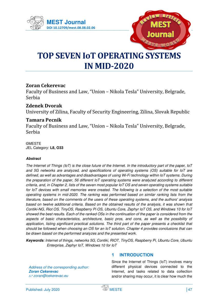 PDF) TOP SEVEN IoT OPERATING SYSTEMSIN MID-2020