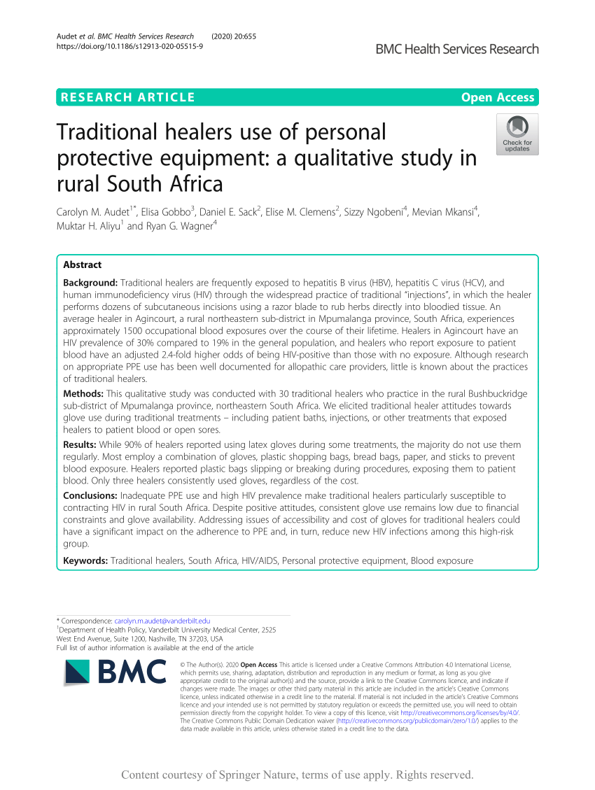 Pdf Traditional Healers Use Of Personal Protective Equipment A Qualitative Study In Rural South Africa