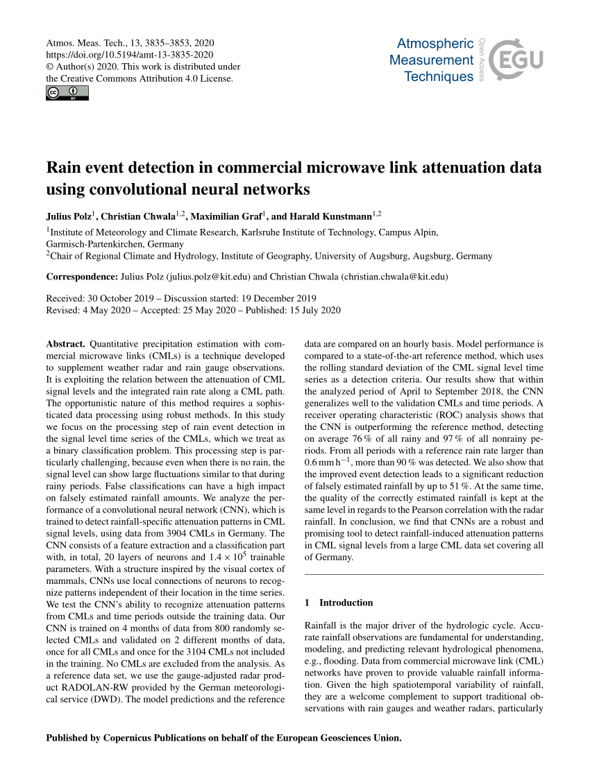 Pdf Rain Event Detection In Commercial Microwave Link Attenuation Data Using Convolutional Neural Networks