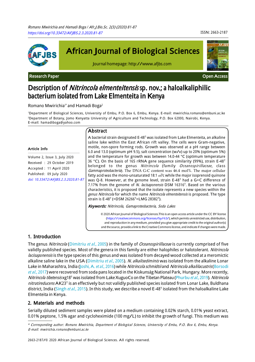 Pdf Description Of Nitrincola Elmenteitensis Sp Nov A Haloalkaliphilic Bacterium Isolated From Lake Elmenteita In Kenya