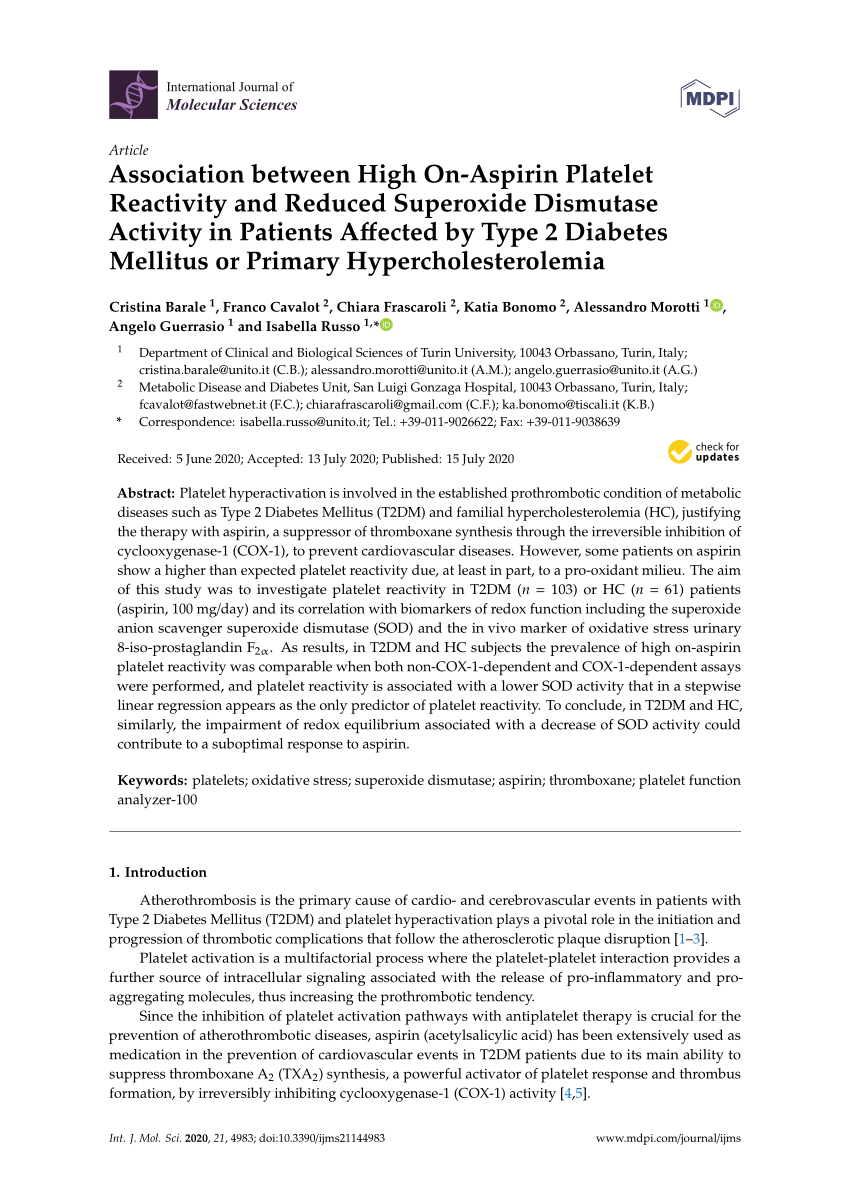 Pdf Association Between High On Aspirin Platelet Reactivity And Reduced Superoxide Dismutase Activity In Patients Affected By Type 2 Diabetes Mellitus Or Primary Hypercholesterolemia
