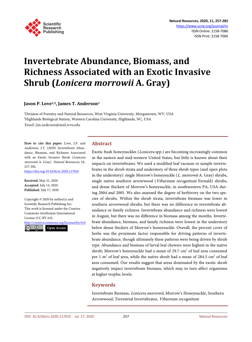 Pdf Invertebrate Abundance Biomass And Richness Associated With An Exotic Invasive Shrub Lonicera Morrowii A Gray