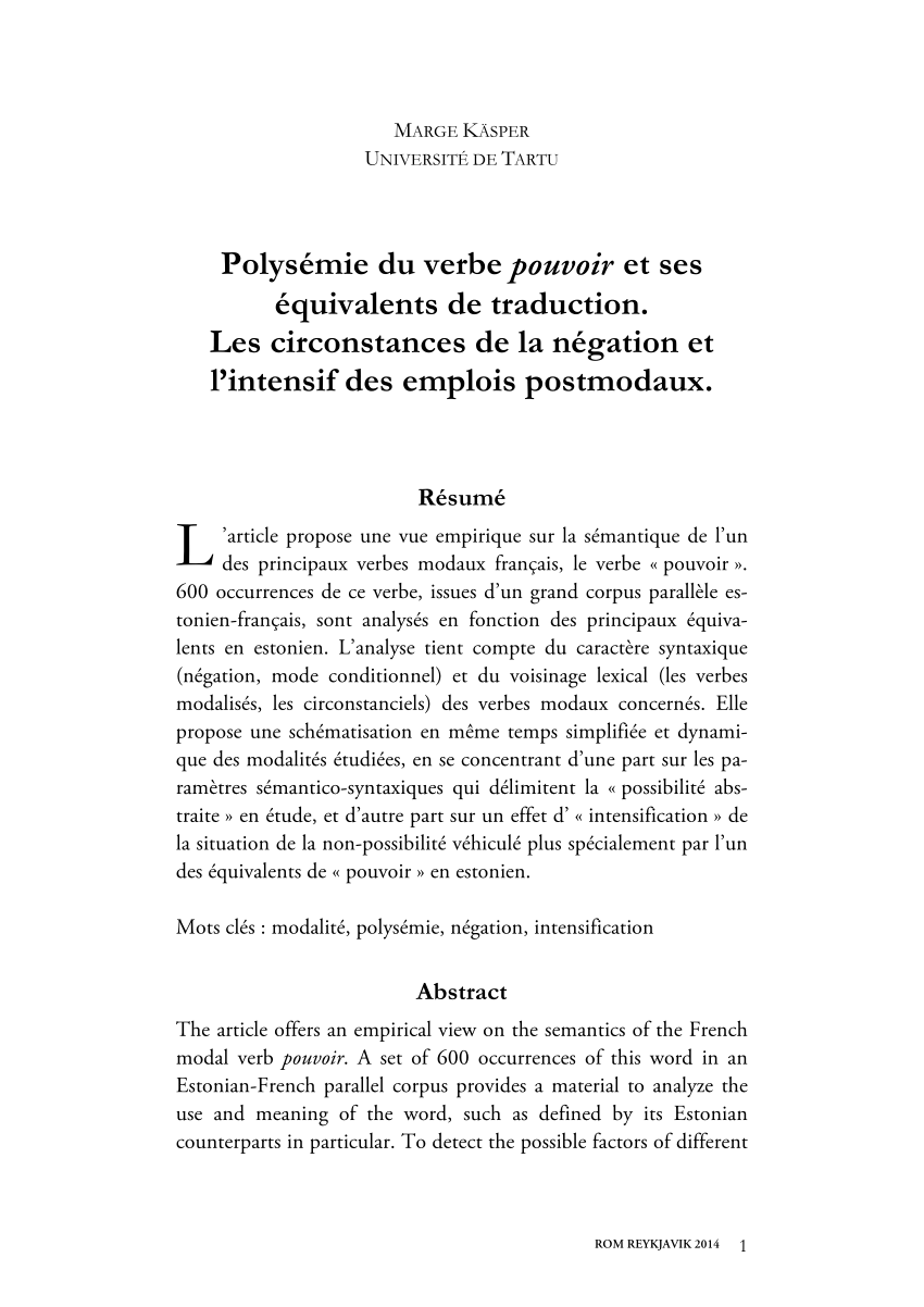 Pdf Polysemie Du Verbe Pouvoir Et Ses Equivalents De Traduction Les Circonstances De La Negation Et L Intensif Des Emplois Postmodaux