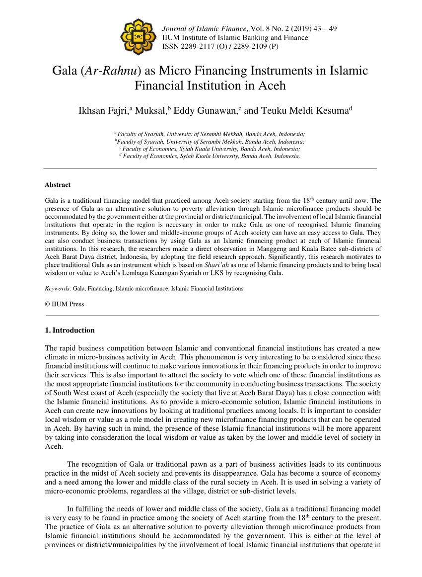 pdf gala ar rahnu as micro financing instruments in islamic financial institution in aceh researchgate