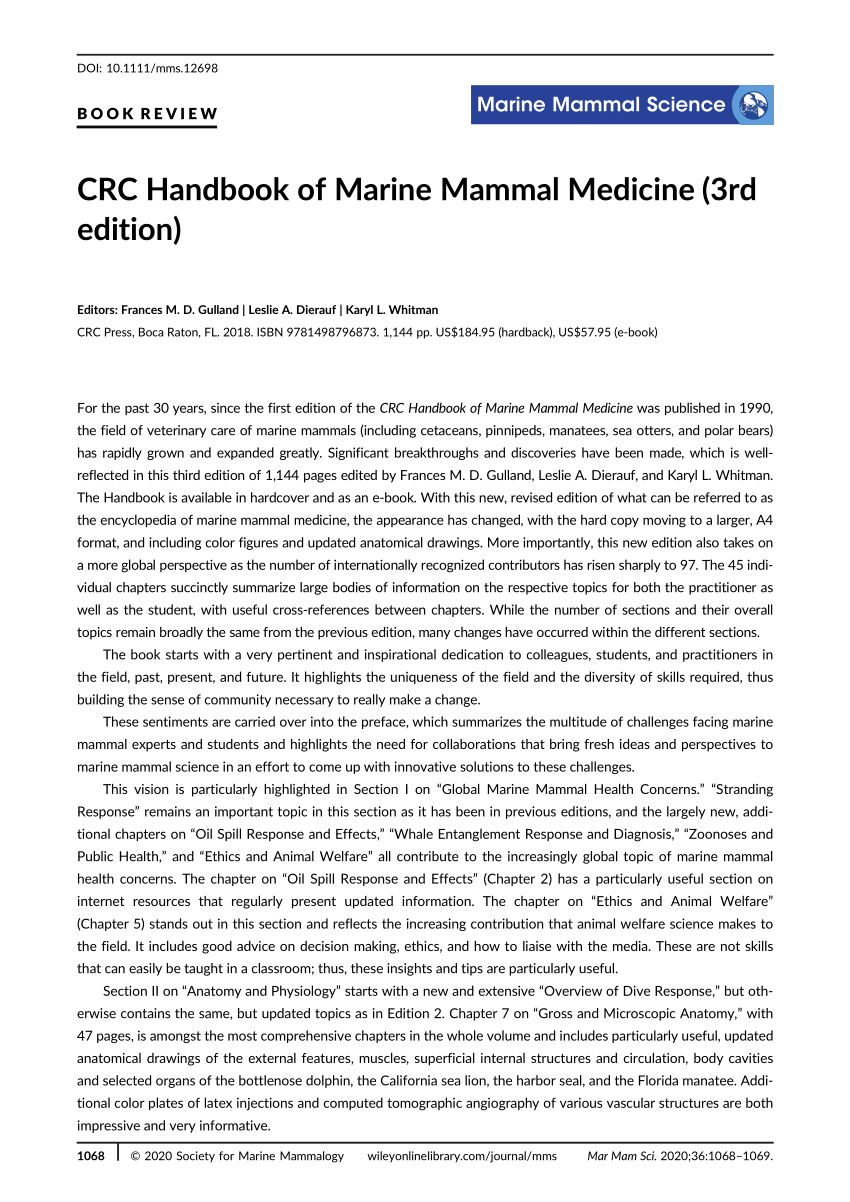 PDF) CRC Handbook of Marine Mammal Medicine (3rd edition) Editors