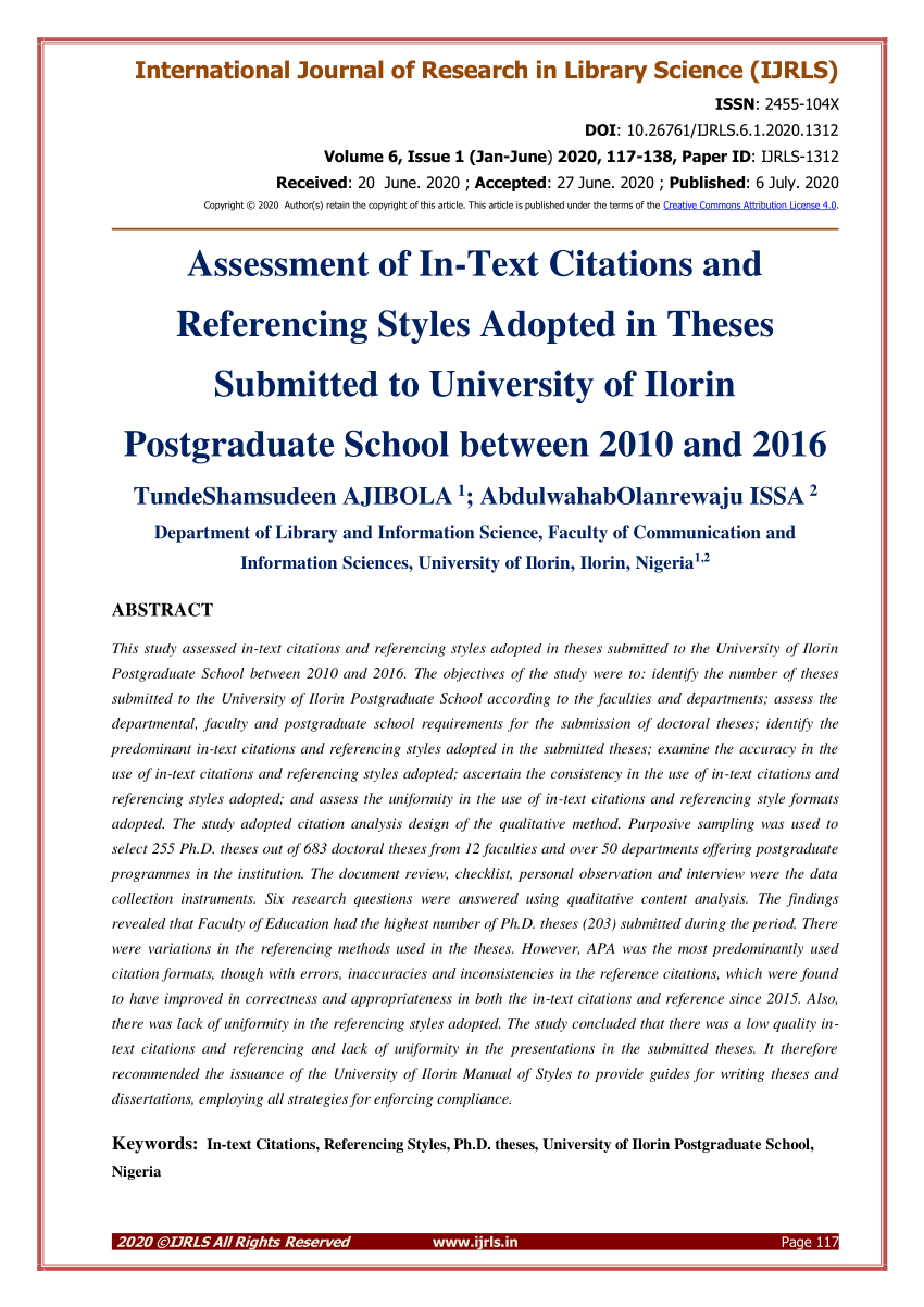 Pdf Assessment Of In Text Citations And Referencing Styles Adopted In Theses Submitted To University Of Ilorin Postgraduate School Between 10 And 16
