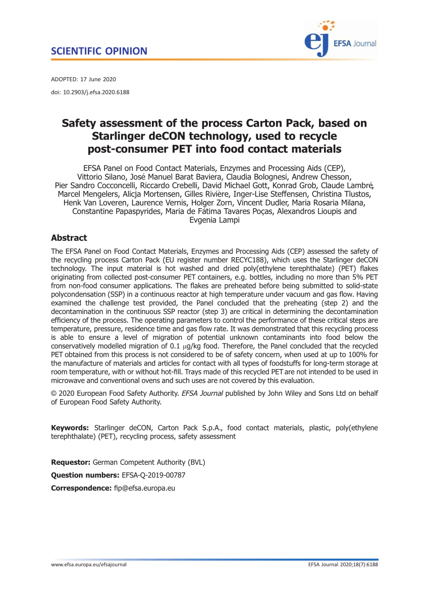 Pdf Safety Assessment Of The Process Carton Pack Based On Starlinger Decon Technology Used To Recycle Post Consumer Pet Into Food Contact Materials
