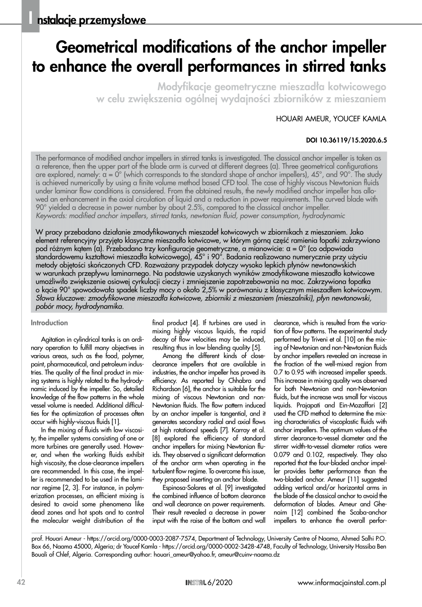 PDF) Geometrical modifications of the anchor impeller to enhance the  overall performances in stirred tanks