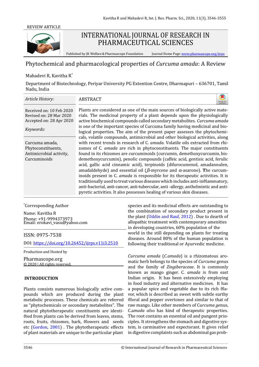 (PDF) Phytochemical and pharmacological properties of Curcuma amada: A ...