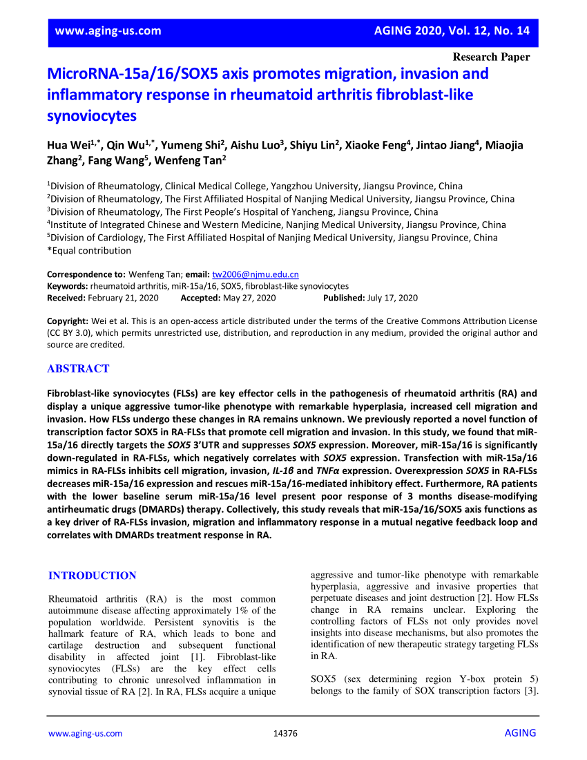 Pdf Microrna 15a16sox5 Axis Promotes Migration Invasion And Inflammatory Response In 0163