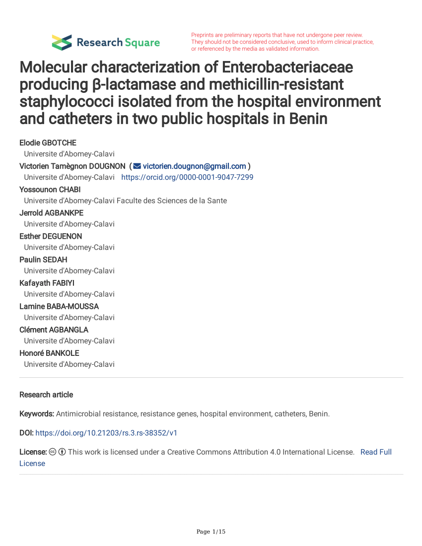 Pdf Molecular Characterization Of Enterobacteriaceae Producing B Lactamase And Methicillin Resistant Staphylococci Isolated From The Hospital Environment And Catheters In Two Public Hospitals In Benin