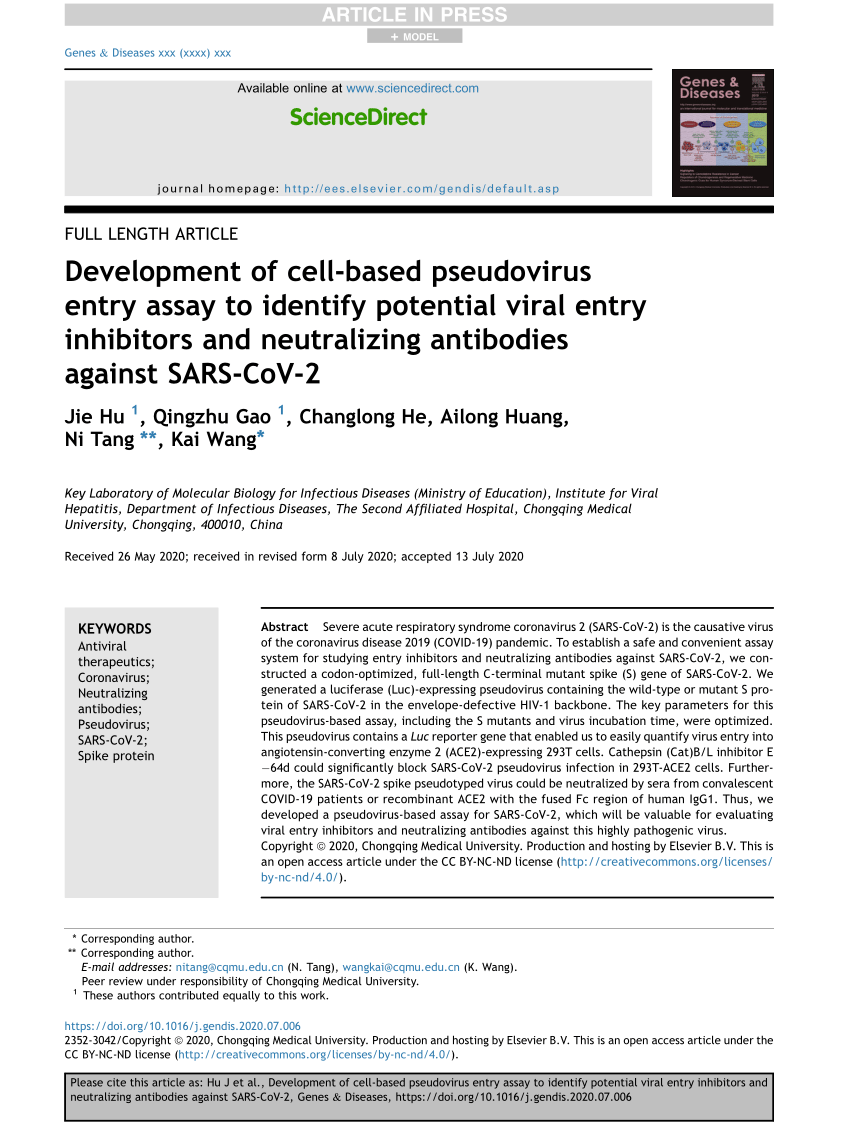 Pdf Development Of Cell Based Pseudovirus Entry Assay To Identify Potential Viral Entry Inhibitors And Neutralizing Antibodies Against Sars Cov 2