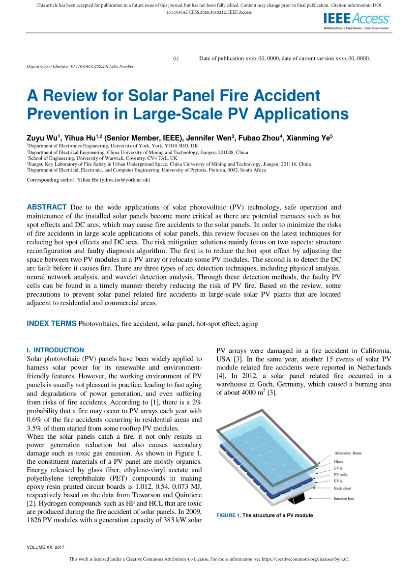 Pdf A Review For Solar Panel Fire Accident Prevention In Large Scale Pv Applications