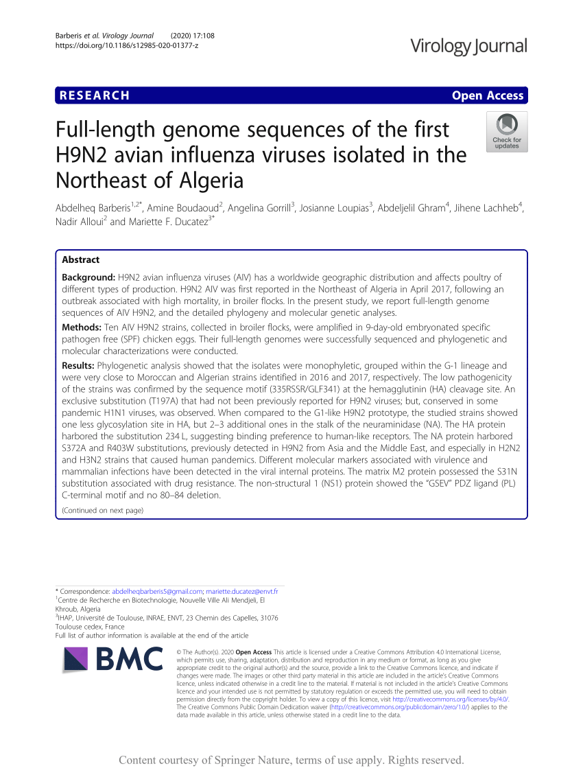 PDF) Full-length genome sequences of the first H9N2 avian influenza viruses  isolated in the Northeast of Algeria