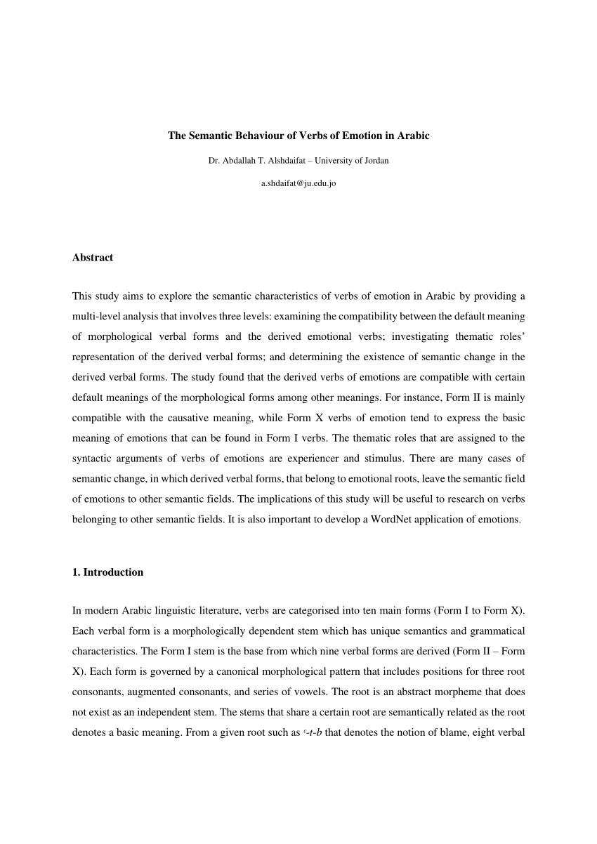 (PDF) The Semantic Behaviour of Verbs of Emotion in Arabic