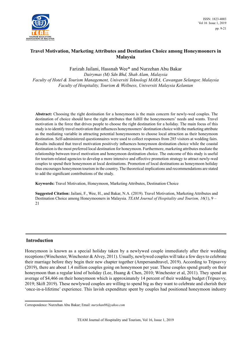 Pdf Travel Motivation Marketing Attributes And Destination Choice Among Honeymooners In Malaysia