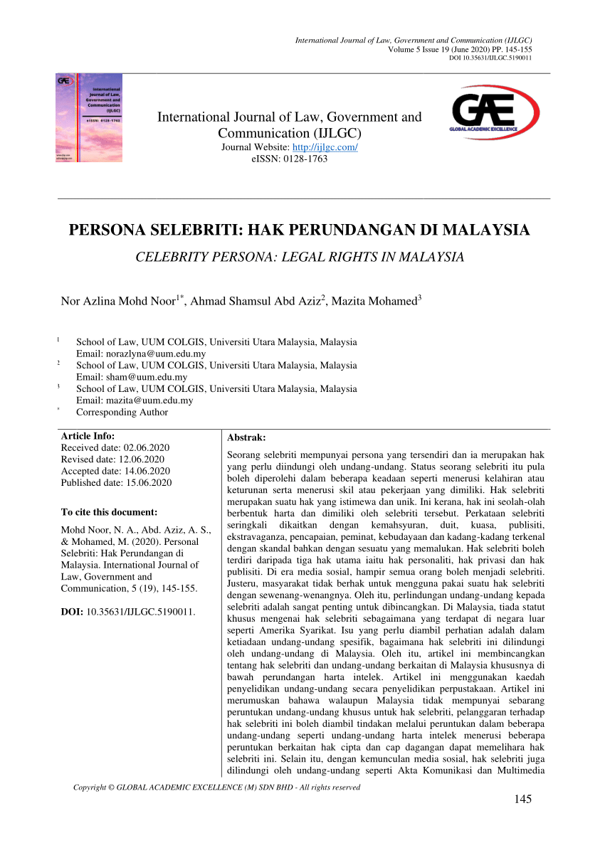 PDF) CELEBRITY PERSONA: LEGAL RIGHTS IN MALAYSIA