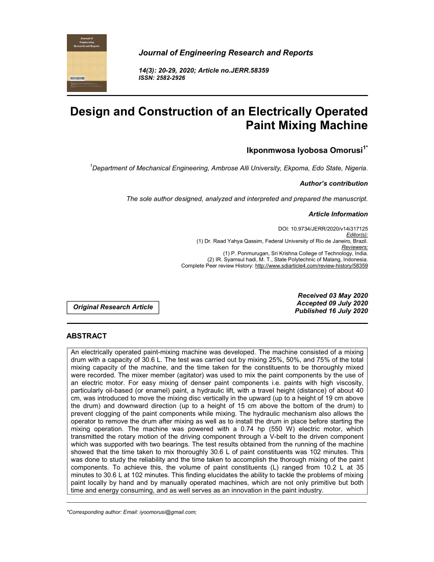 (PDF) Design and Construction of an Electrically Operated Paint Mixing