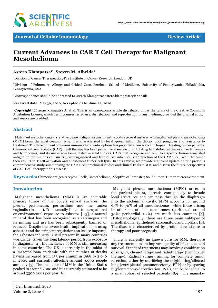 Pdf Current Advances In Car T Cell Therapy For Malignant Mesothelioma