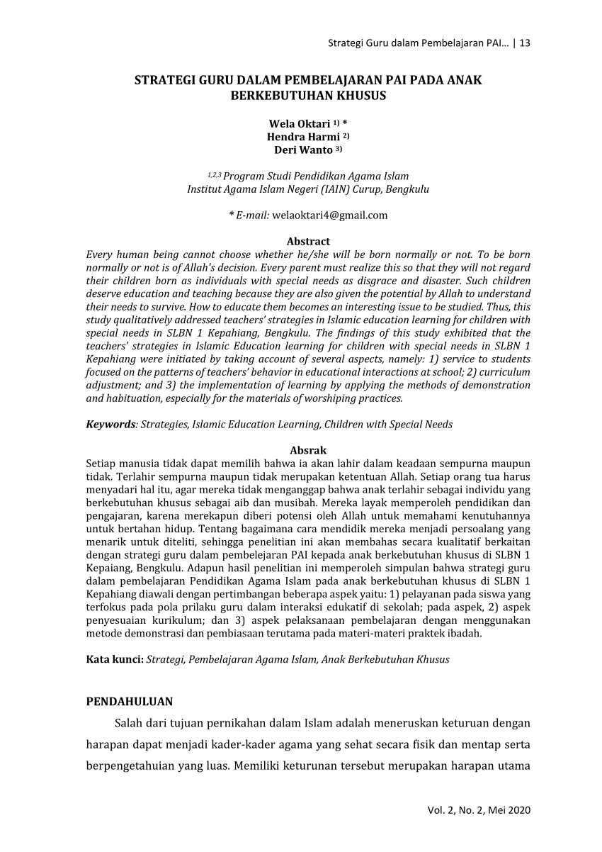 (PDF) STRATEGI GURU DALAM PEMBELAJARAN PAI PADA ANAK BERKEBUTUHAN KHUSUS