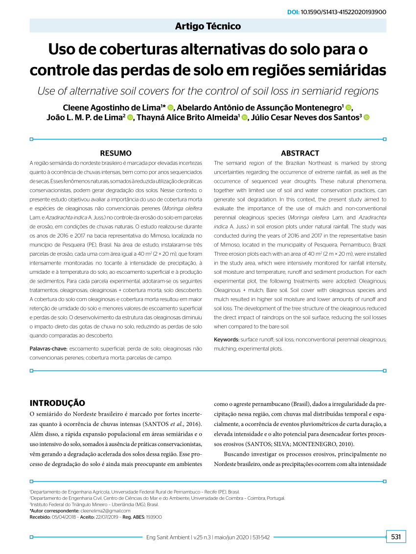 Pdf Uso De Coberturas Alternativas Do Solo Para O Controle Das Perdas De Solo Em Regiões 6782