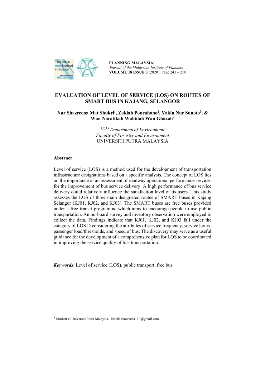 Pdf Evaluation Of Level Of Service Los On Routes Of Smart Bus In Kajang Selangor