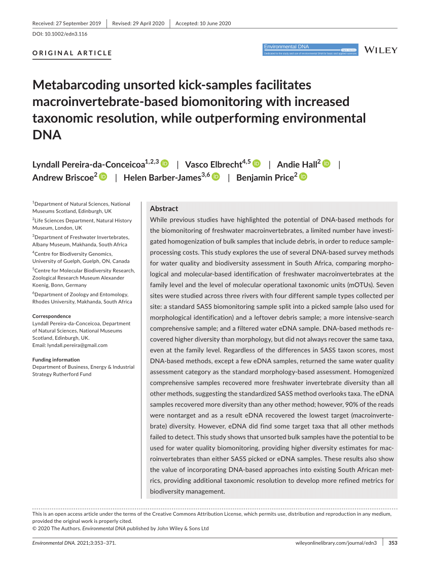 (PDF) Metabarcoding unsorted kick‐samples facilitates macroinvertebrate‐based biomonitoring with increased taxonomic resolution, while outperforming environmental DNA