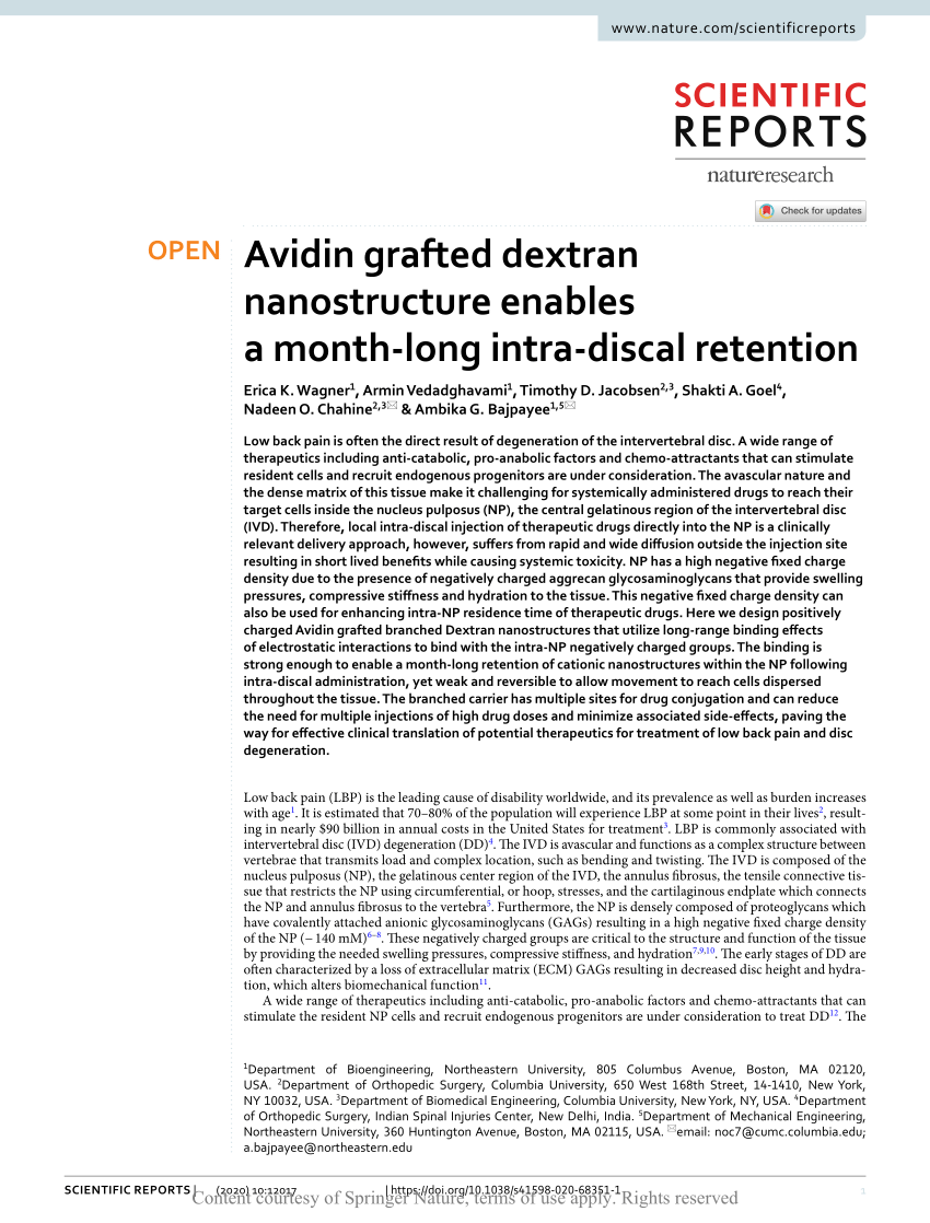 PDF) Avidin grafted dextran nanostructure enables a month-long intra-discal  retention