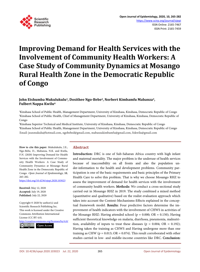 Pdf Improving Demand For Health Services With The Involvement Of Community Health Workers A Case Study Of Community Dynamics At Mosango Rural Health Zone In The Democratic Republic Of Congo