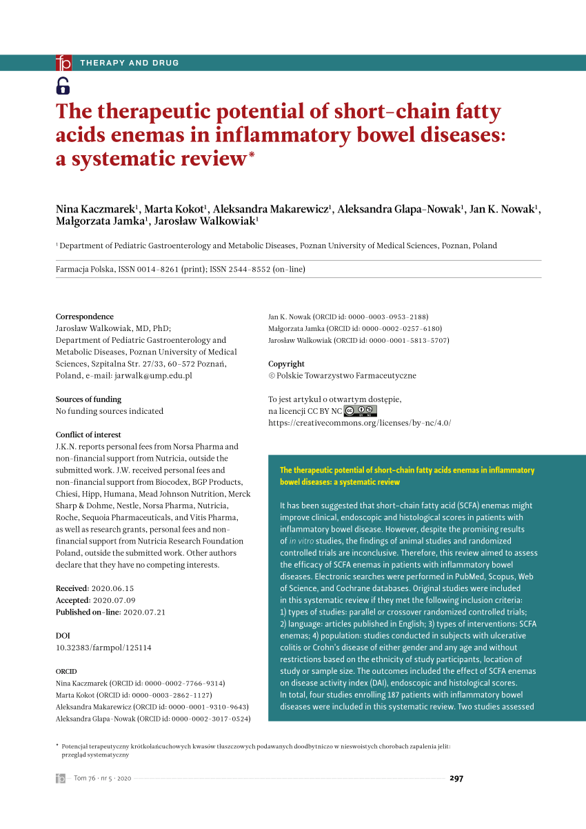 PDF) The therapeutic potential of short-chain fatty acids enemas in inflammatory bowel diseases a systematic review