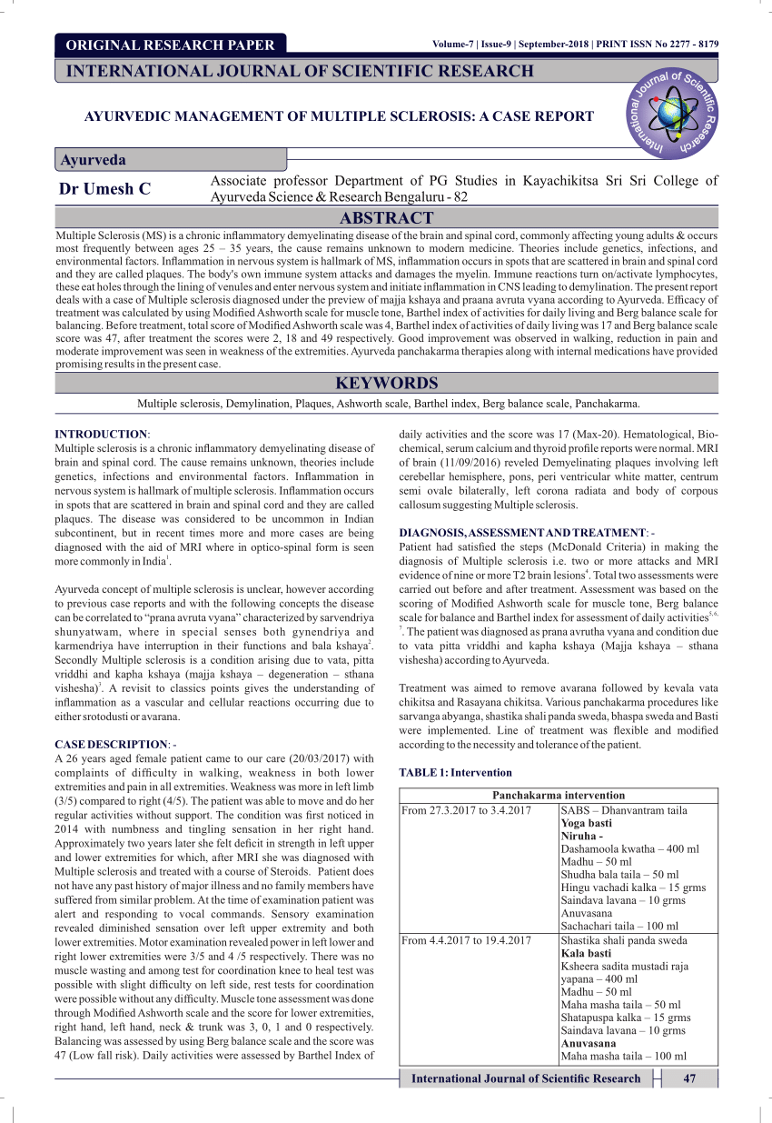 Pdf Ayurvedic Management Of Multiple Sclerosis A Case Report