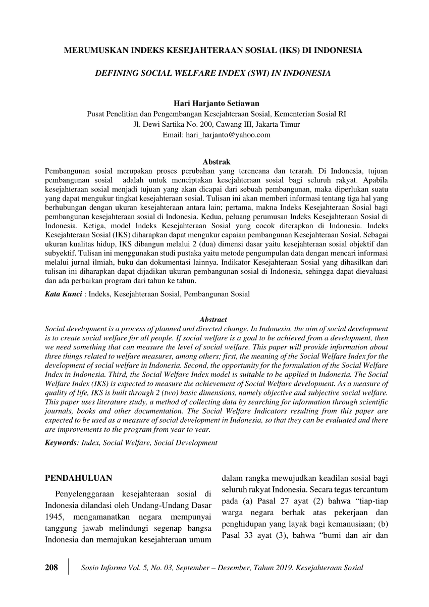 Pdf Merumuskan Indeks Kesejahteraan Sosial Iks Di Indonesia