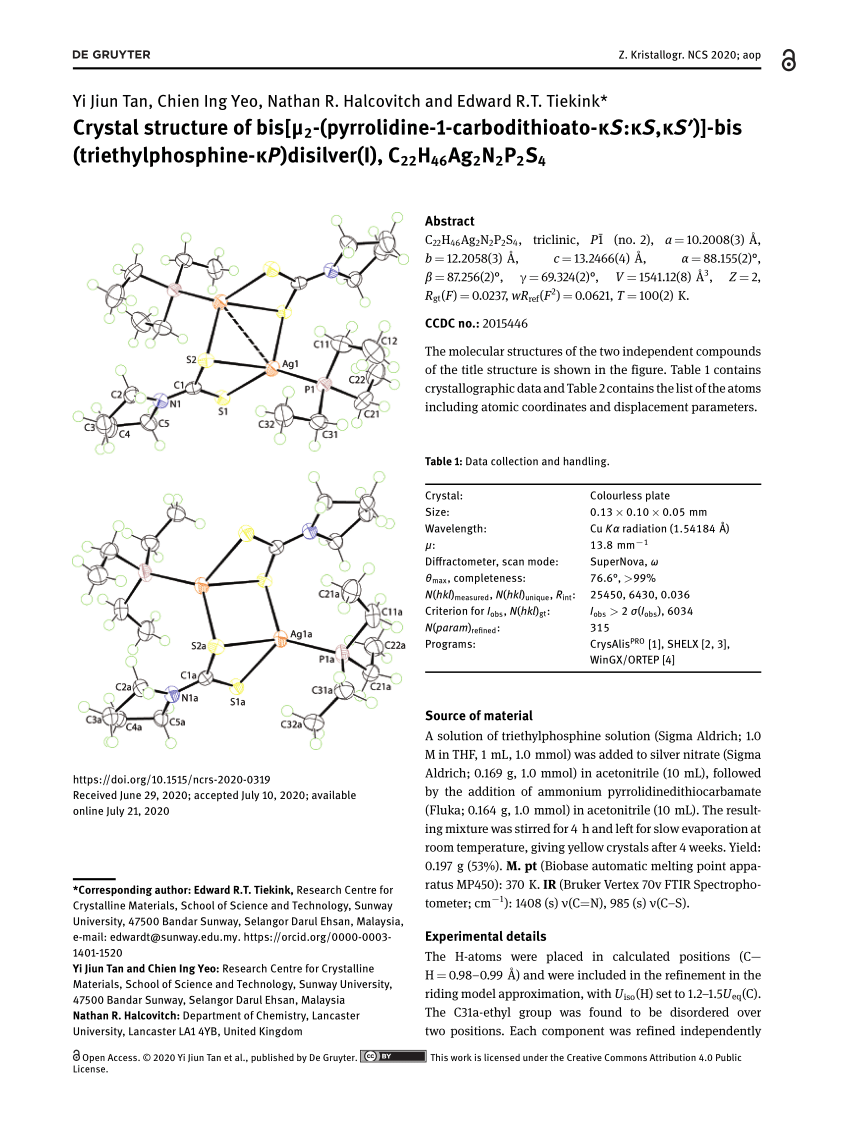 Pdf Crystal Structure Of Bis M2 Pyrrolidine 1 Carbodithioato Ks Ks Ks Bis Triethylphosphine Kp Disilver I C22h46ag2n2p2s4