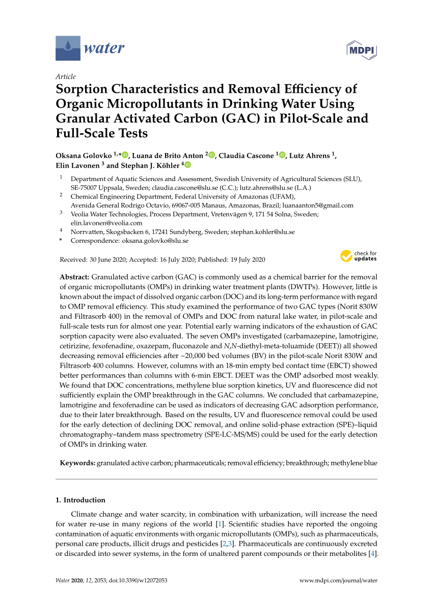 Pdf Sorption Characteristics And Removal Efficiency Of Organic Micropollutants In Drinking Water Using Granular Activated Carbon Gac In Pilot Scale And Full Scale Tests