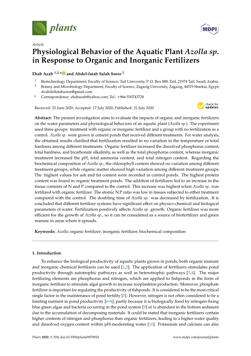 Pdf Physiological Behavior Of The Aquatic Plant Azolla Sp In Response To Organic And Inorganic Fertilizers