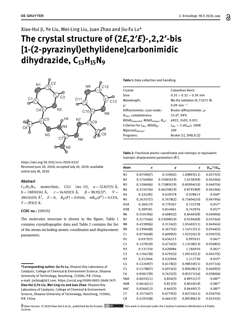 Pdf The Crystal Structure Of 2e 2 E 2 2 Bis 1 2 Pyrazinyl Ethylidene Carbonimidic Dihydrazide C13h15n9