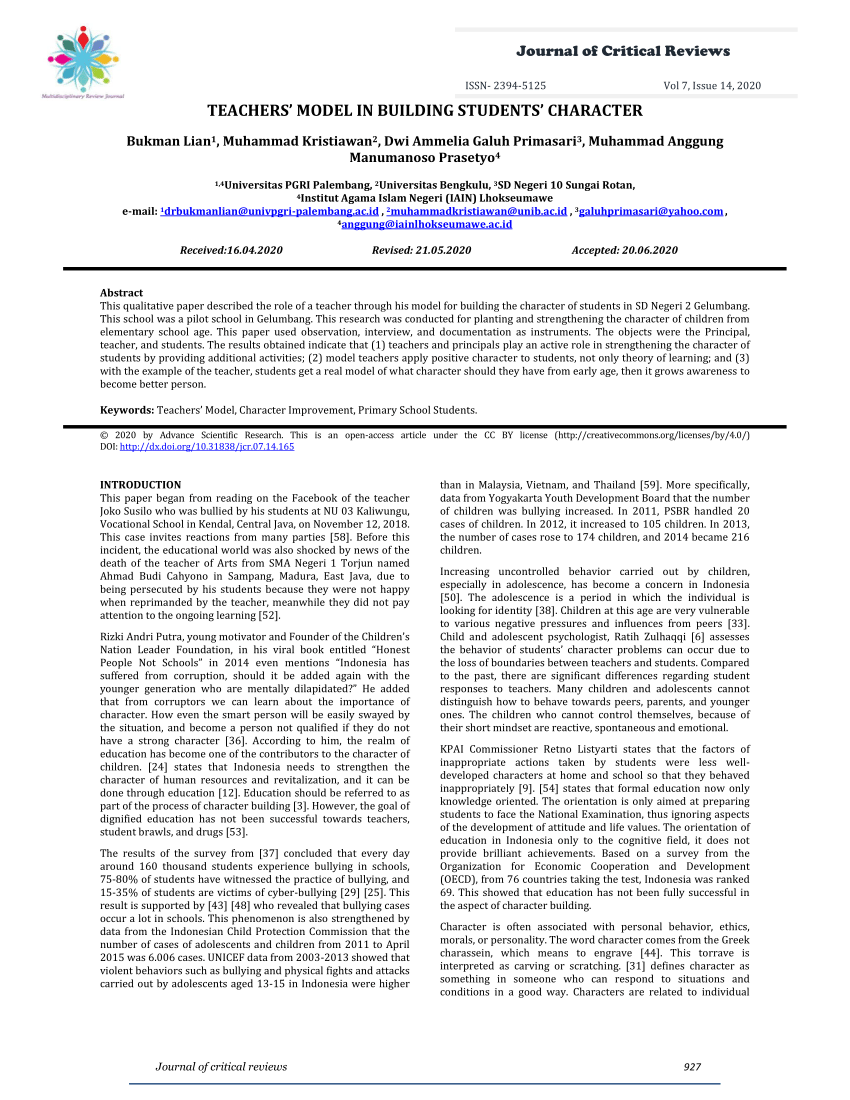 Pdf Teachers Model In Building Students Character