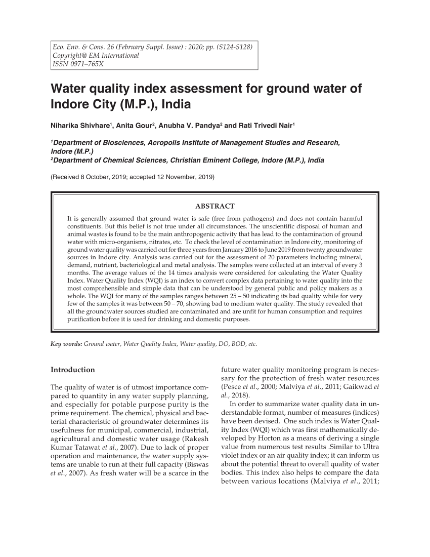 water quality index research paper in india