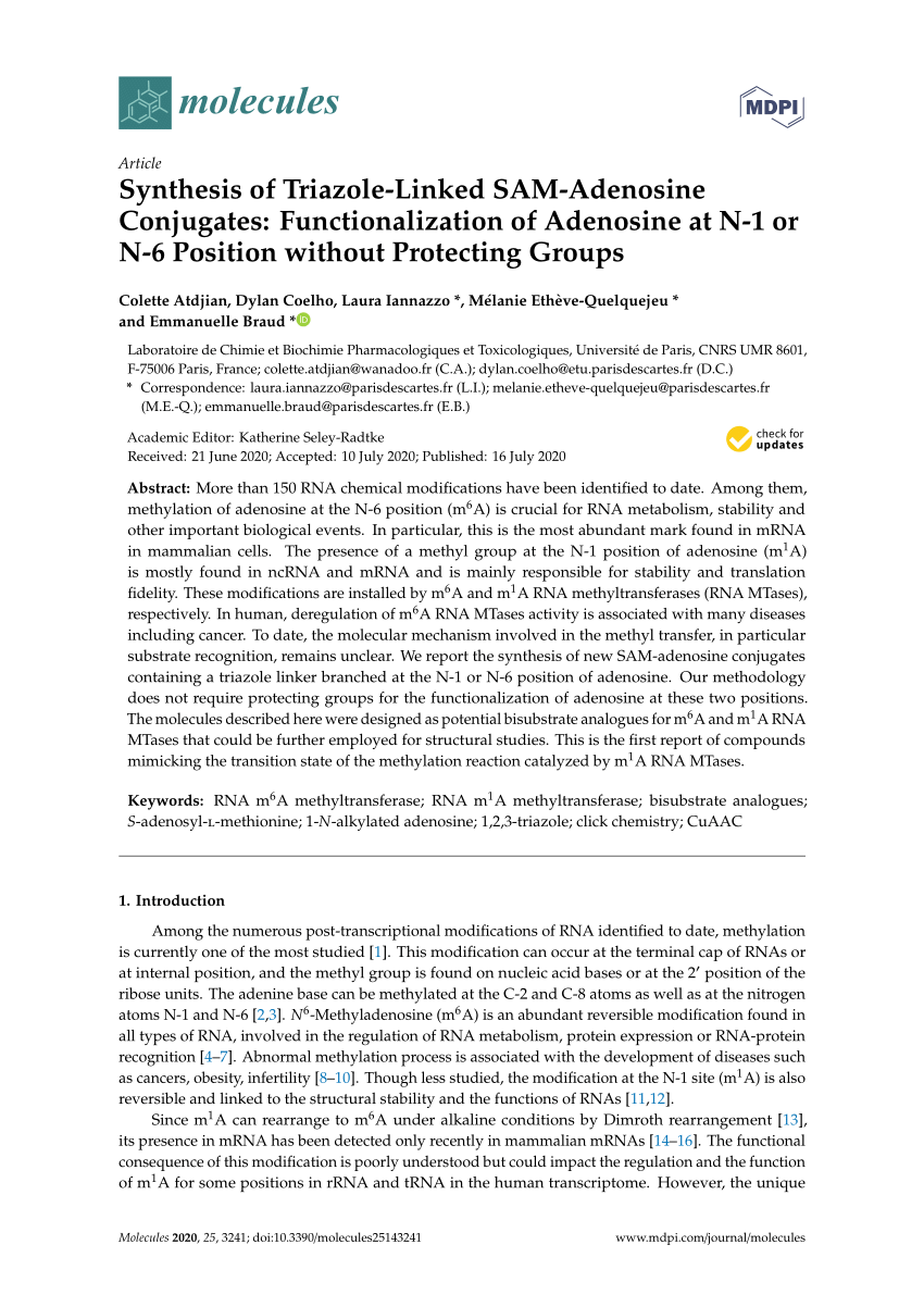 Pdf Synthesis Of Triazole Linked Sam Adenosine Conjugates Functionalization Of Adenosine At N 1 Or N 6 Position Without Protecting Groups