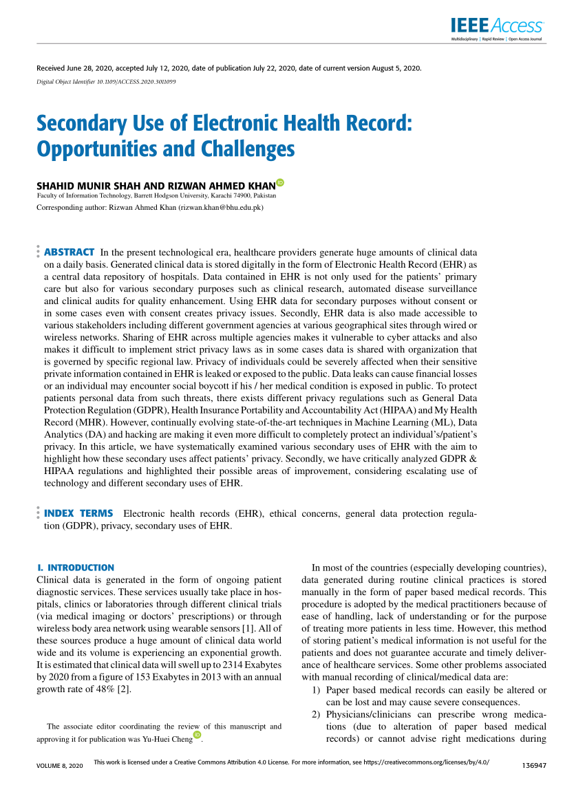 PDF) Secondary Use of Electronic Health Record: Opportunities and ...