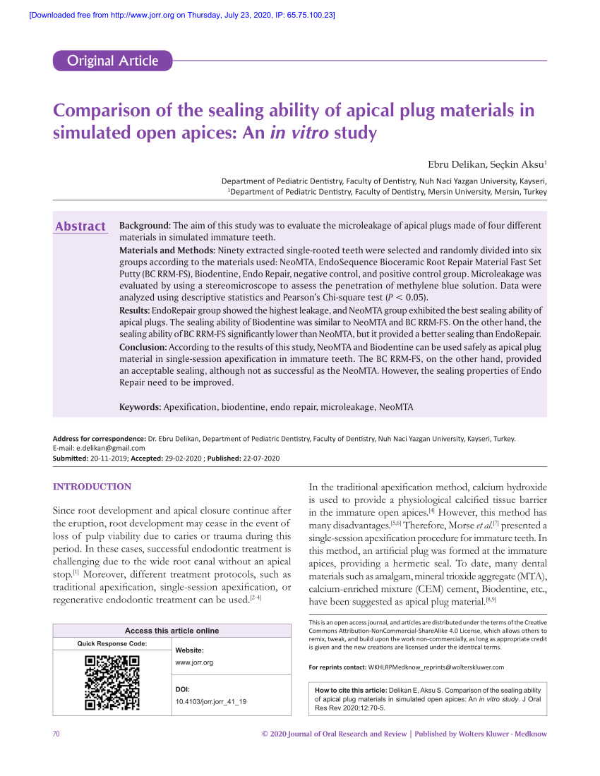 pdf comparison of the sealing ability of apical plug materials in simulated open apices an in vitro study