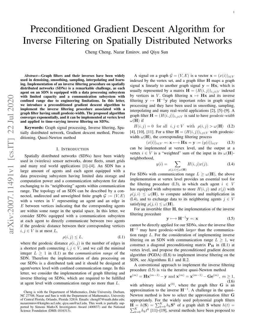 Pdf Preconditioned Gradient Descent Algorithm For Inverse Filtering On Spatially Distributed Networks