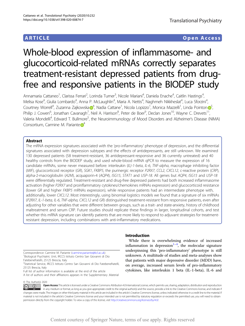 Pdf Whole Blood Expression Of Inflammasome And Glucocorticoid Related Mrnas Correctly Separates Treatment Resistant Depressed Patients From Drug Free And Responsive Patients In The Biodep Study