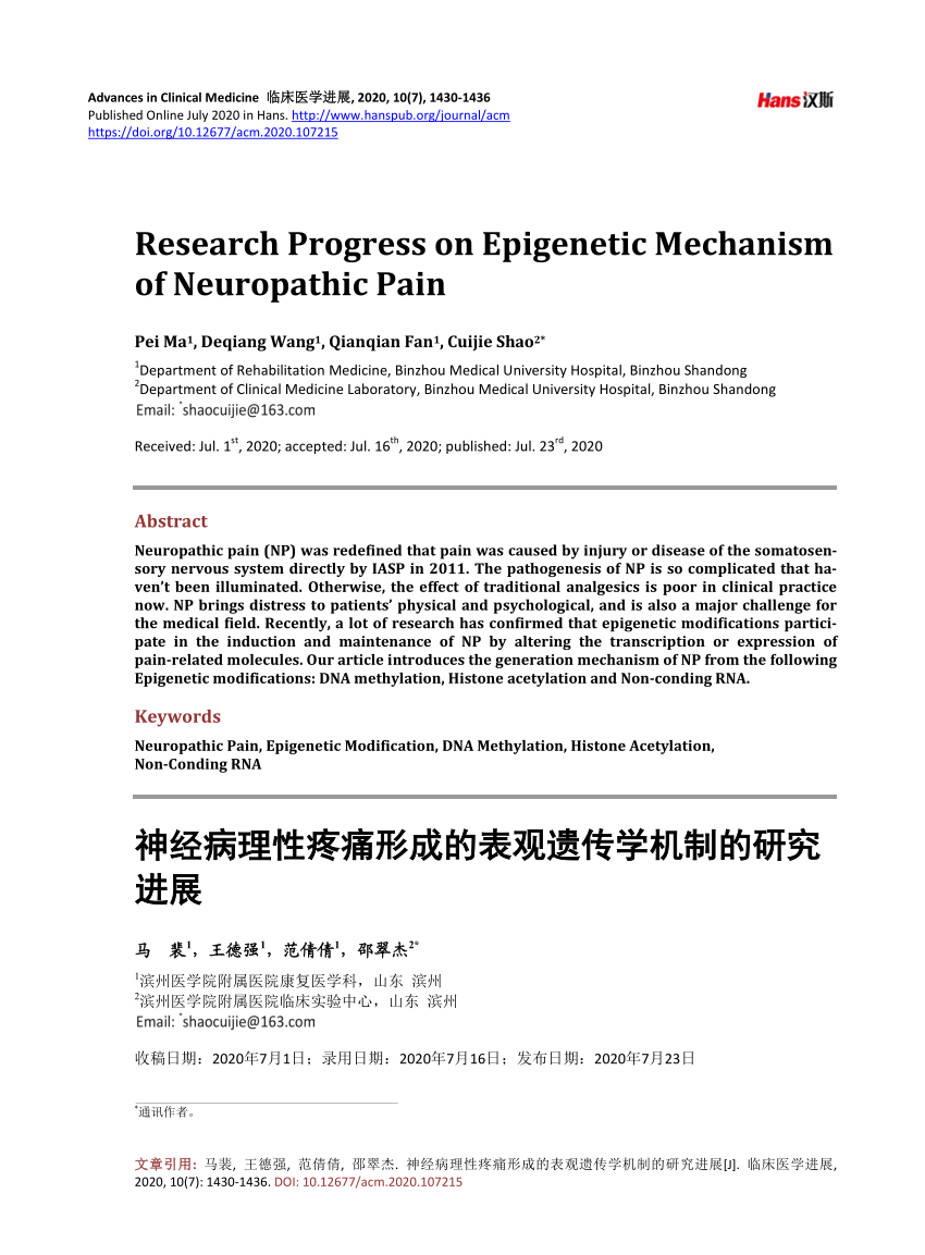PDF Research Progress on Epigenetic Mechanism of Neuropathic Pain