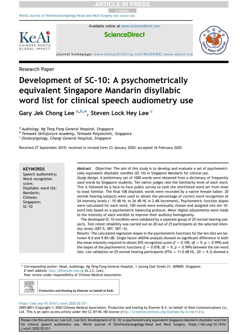 Pdf Development Of Sc 10 A Psychometrically Equivalent Singapore Mandarin Disyllabic Word List For Clinical Speech Audiometry Use