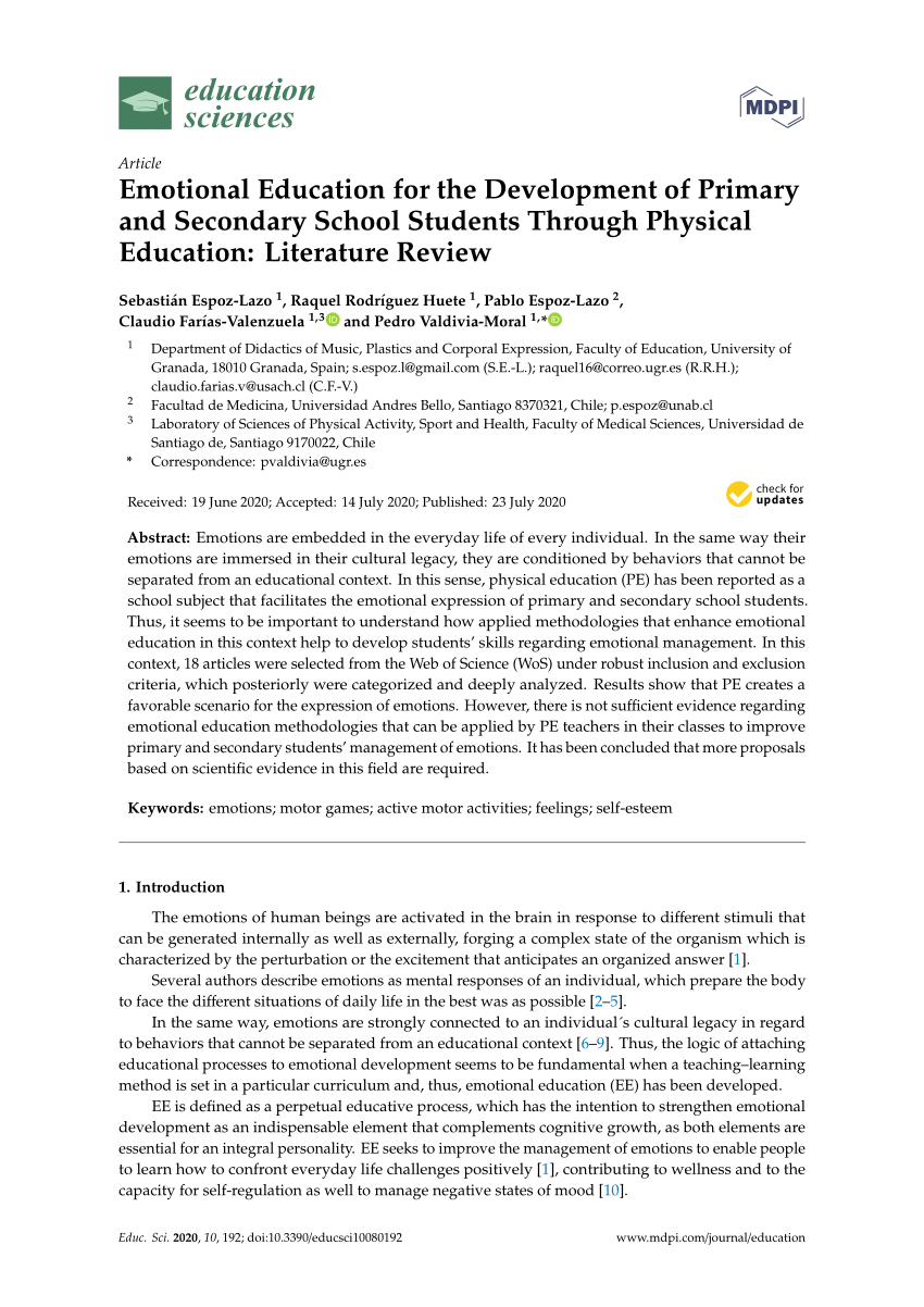 Pdf Emotional Education For The Development Of Primary And Secondary School Students Through Physical Education Literature Review