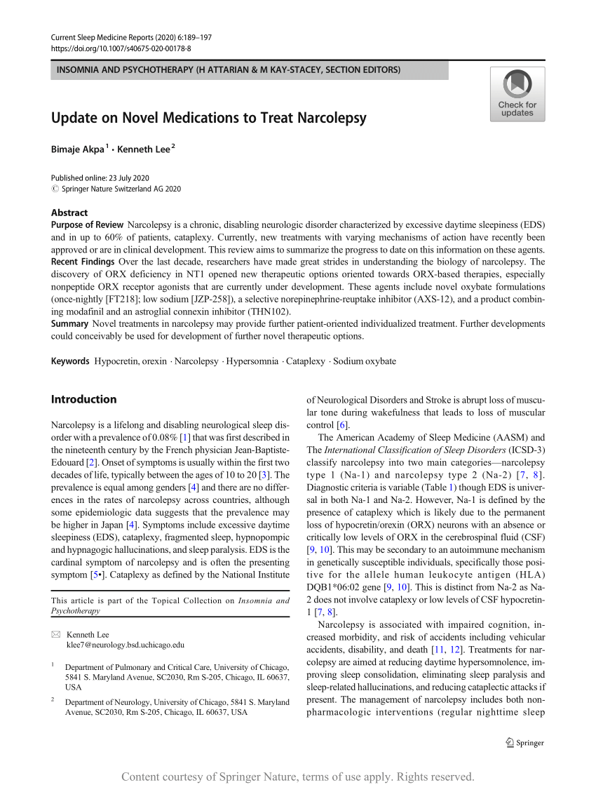 Update on Novel Medications to Treat Narcolepsy Request PDF