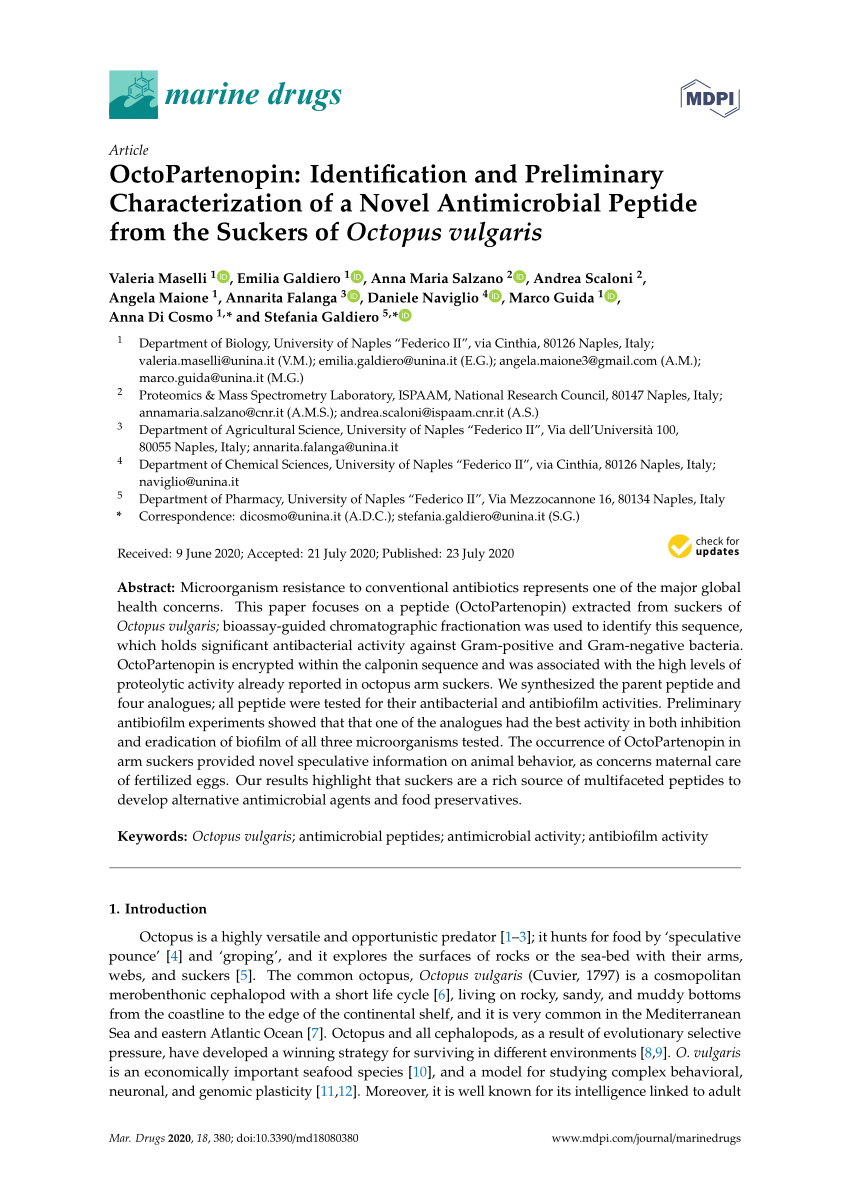 Pdf Octopartenopin Identification And Preliminary Characterization Of A Novel Antimicrobial Peptide From The Suckers Of Octopus Vulgaris