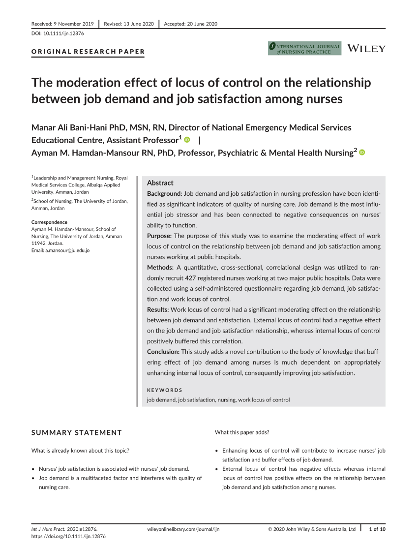 PDF) The moderation effect of locus of control on the relationship between  job demand and job satisfaction among nurses
