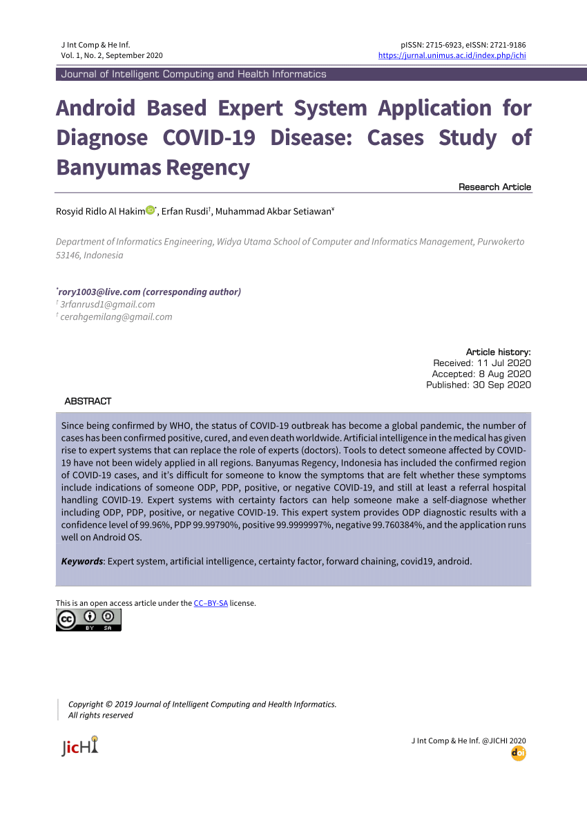 Pdf Android Based Expert System Application For Diagnose Covid 19 Disease Cases Study Of Banyumas Regency